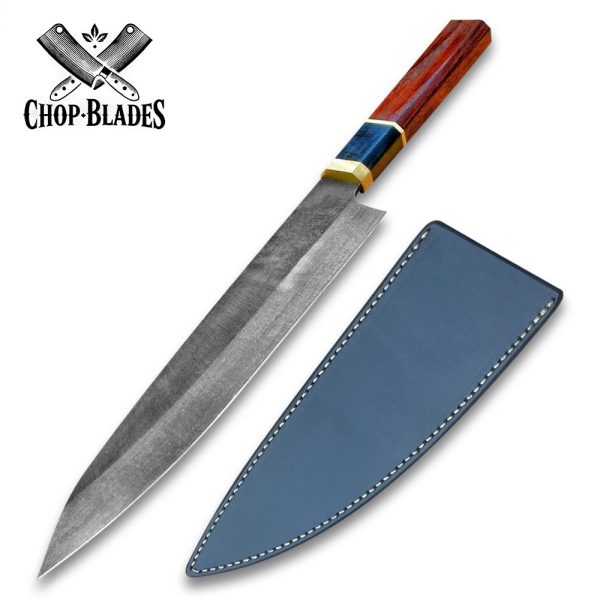 Handmade Carbon Steel Chef Knife with Custom Wooden Handle and Sheath