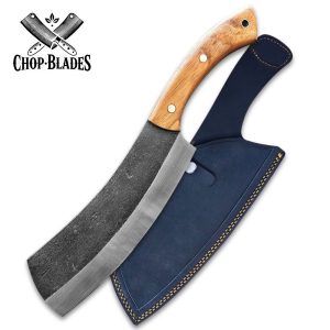 Handmade Carbon Steel Cleaver Knife with Wooden Handle and Leather Sheath