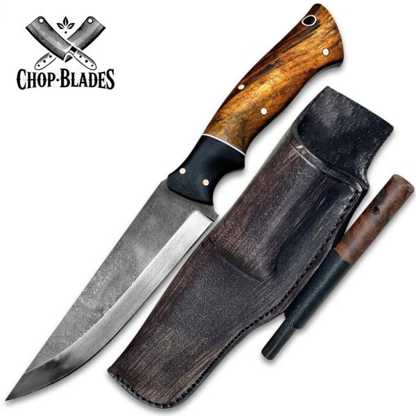 Handmade Carbon Steel Hunting Knife with Wooden Handle, Leather Sheath & Fire Starter