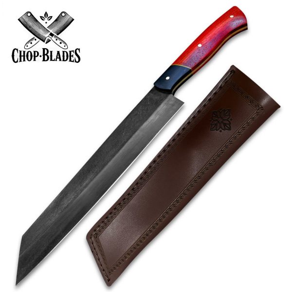 Handmade Carbon Steel Chef Knife with Red Wooden Handle and Leather Sheath