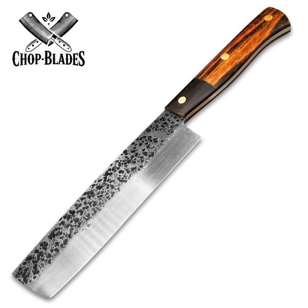 Handmade Carbon Steel Kitchen Knife with Hammered Finish and Wooden Handle