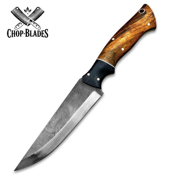 Handmade Carbon Steel Hunting Knife with Wooden Handle, Leather Sheath & Fire Starter