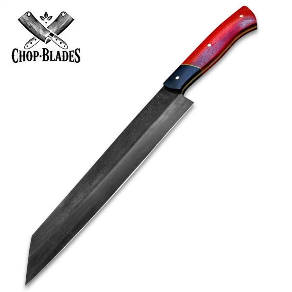 Handmade Carbon Steel Chef Knife with Red Wooden Handle and Leather Sheath