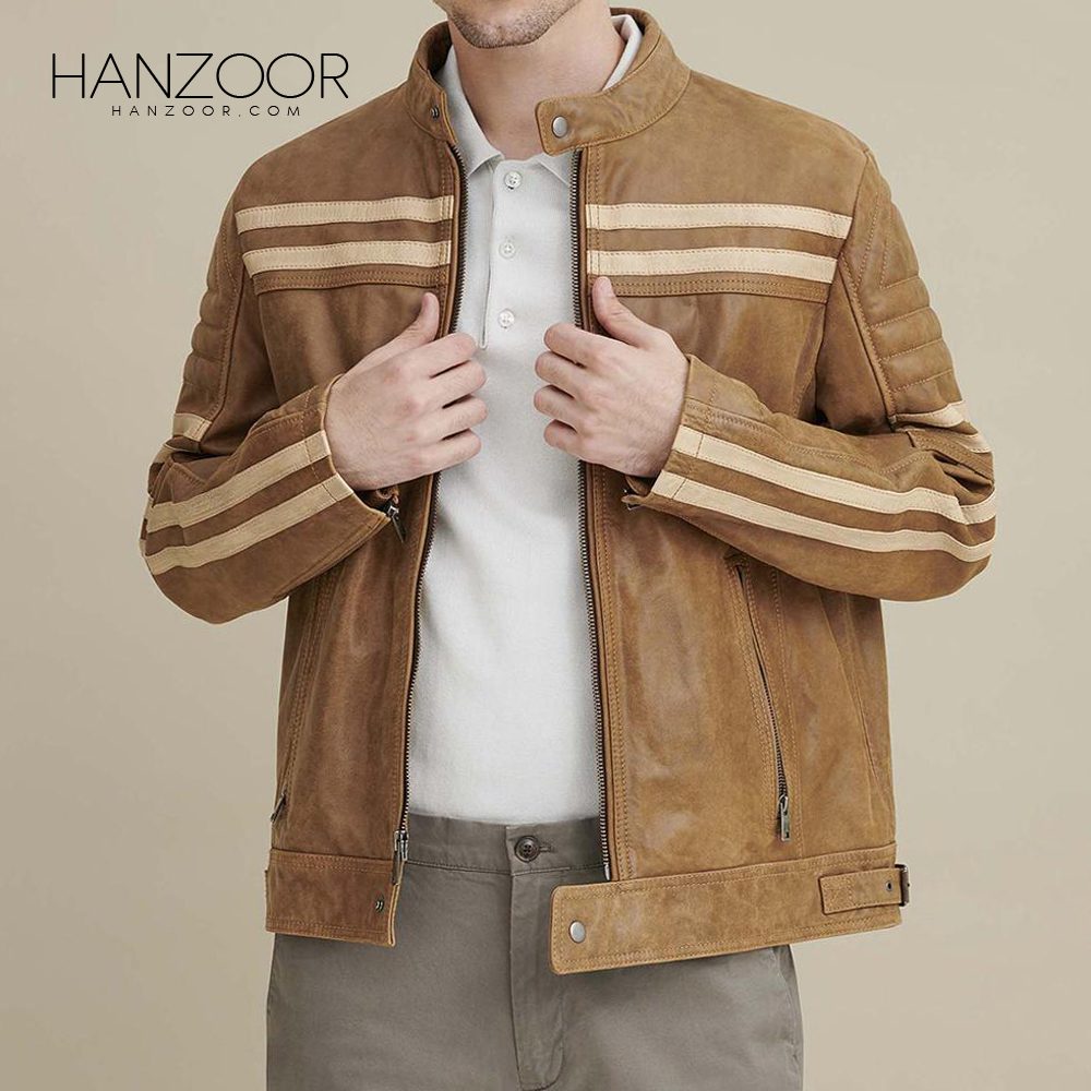 Men’s Tan Moto Jacket with Chest Stripe