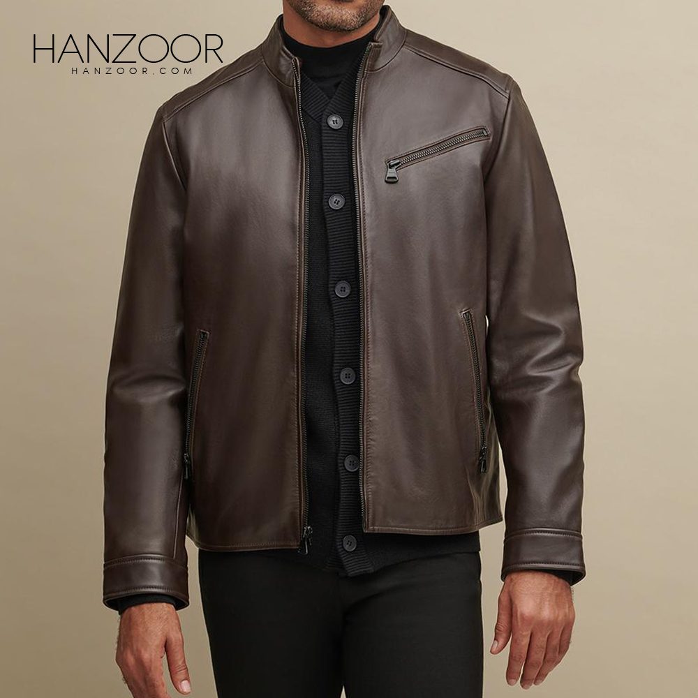 Men’s Brown Leather Jacket with Zipper Pockets