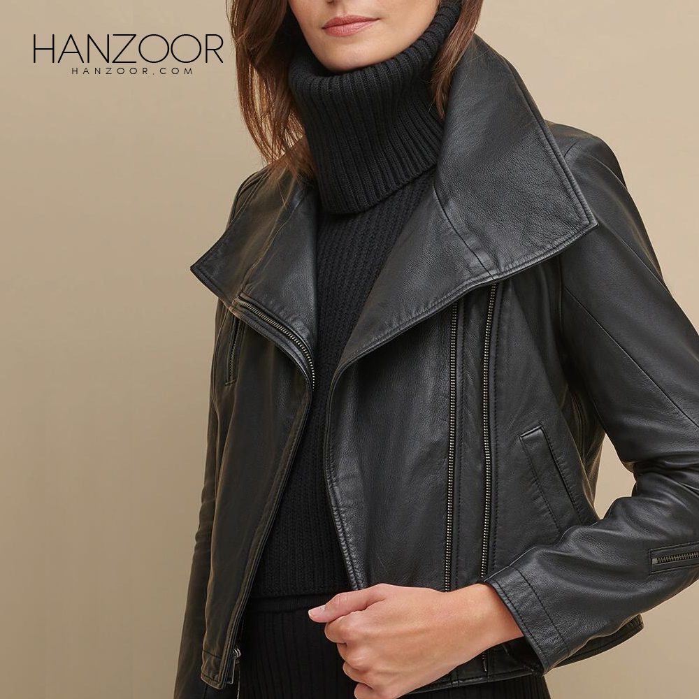 Women’s Cowl Neck Black Leather Jacket