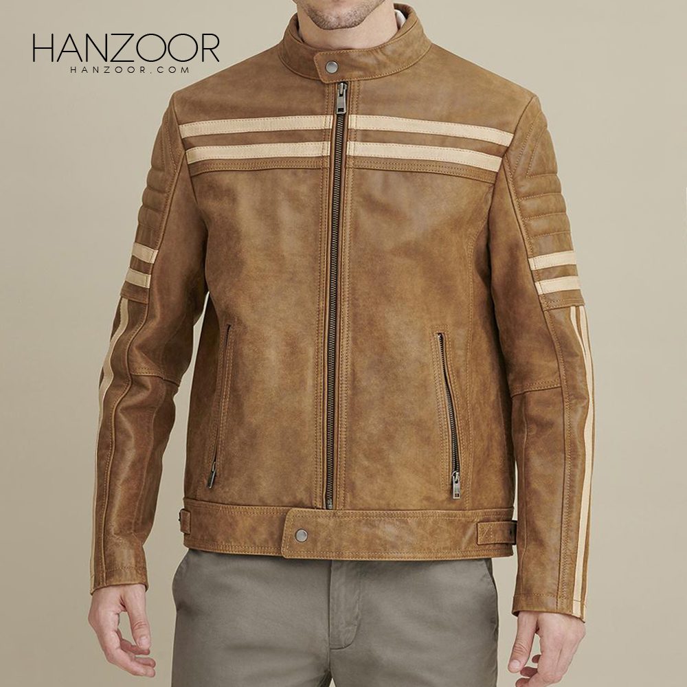 Men’s Tan Moto Jacket with Chest Stripe