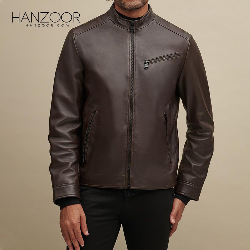 Men’s Brown Leather Jacket with Zipper Pockets