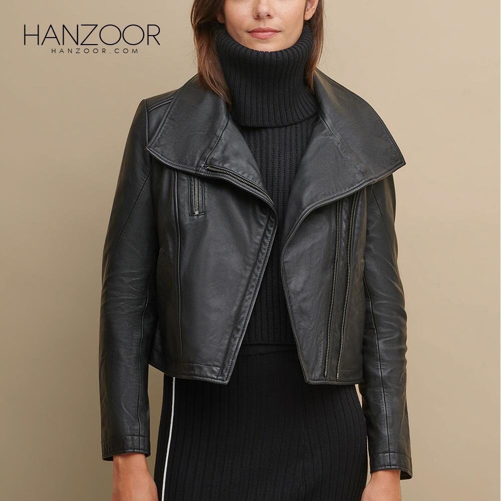 Women’s Cowl Neck Black Leather Jacket