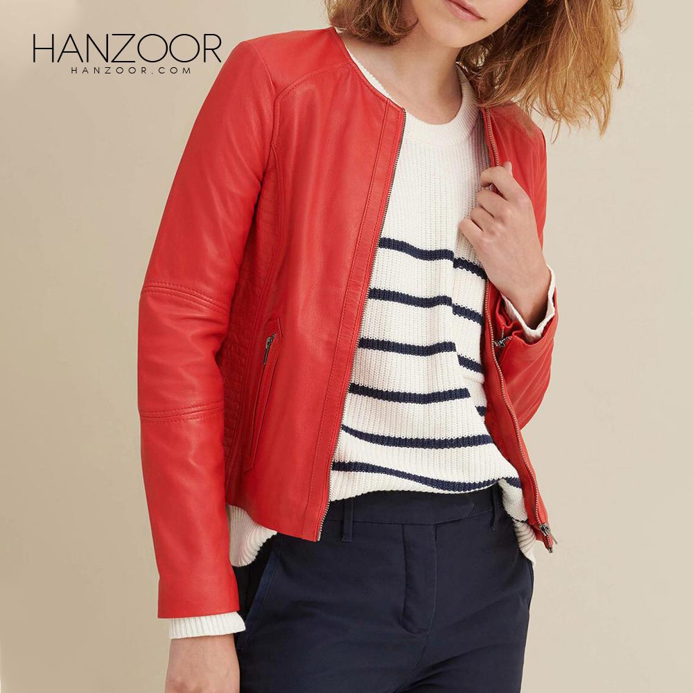 Women’s Red Leather Jacket with Side Stitching