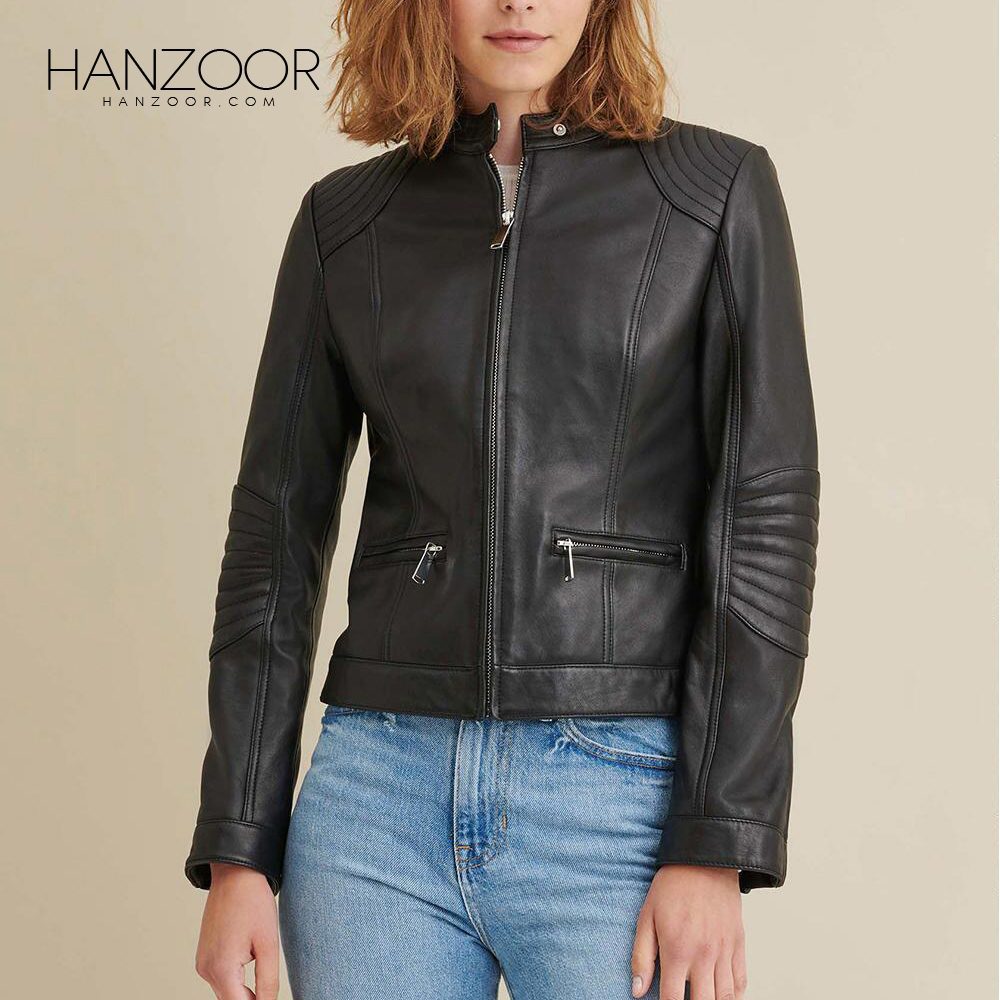 Women’s Black Leather Jacket with Quilted Shoulder