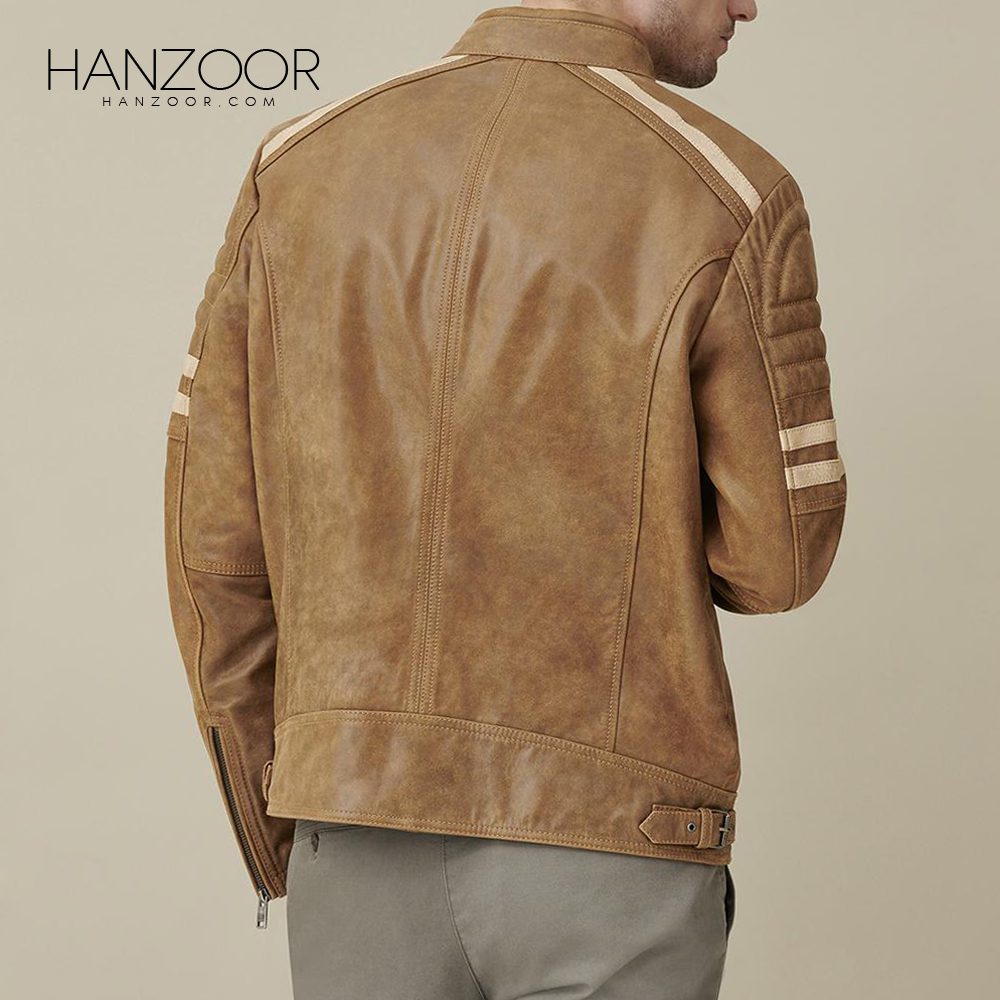 Men’s Tan Moto Jacket with Chest Stripe