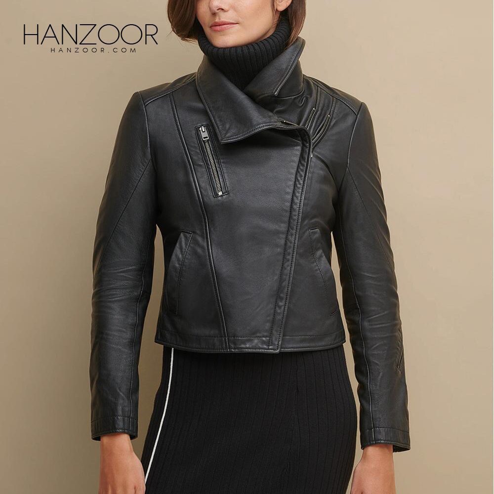 Women’s Cowl Neck Black Leather Jacket