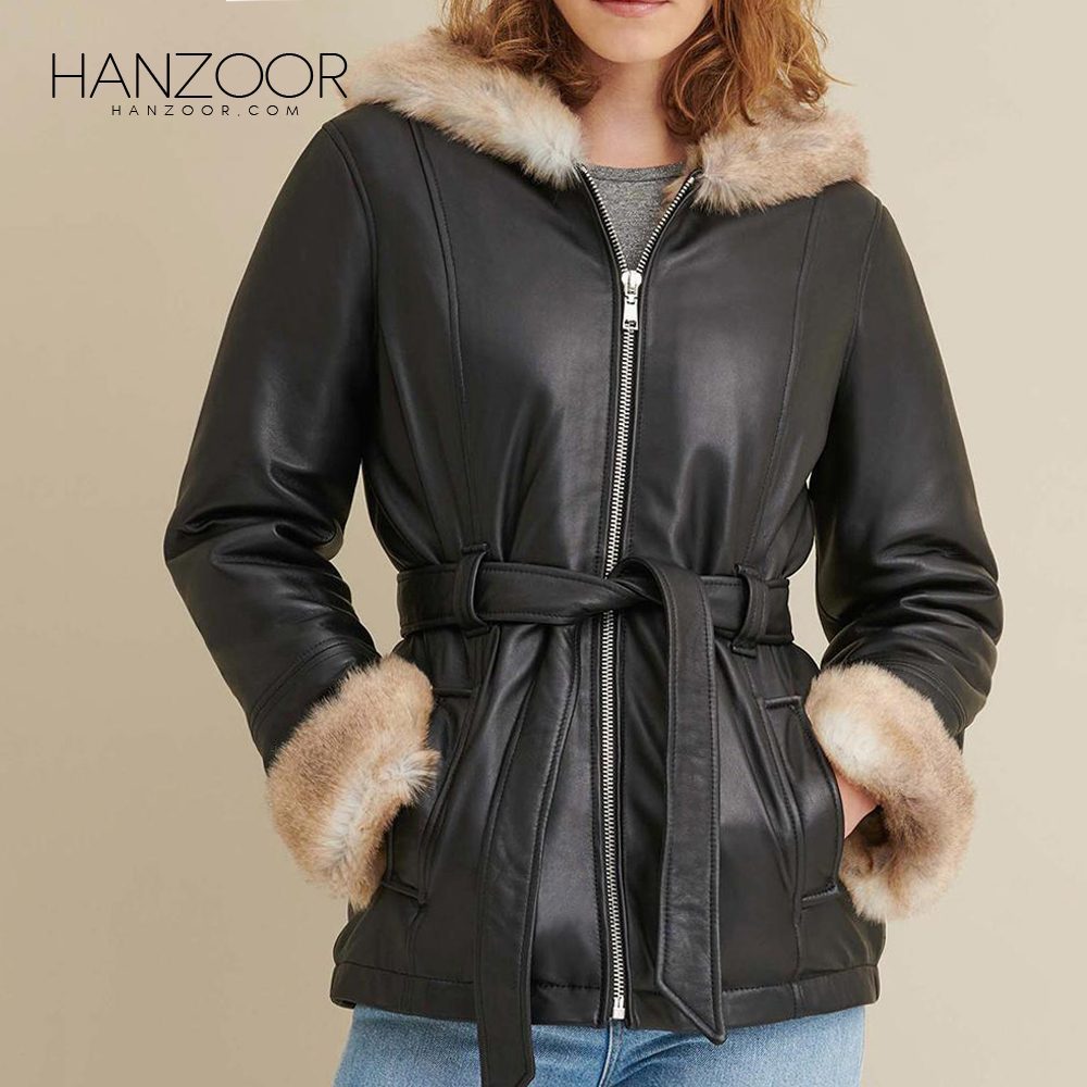 Women’s Belted Style Black Hood Leather Jacket