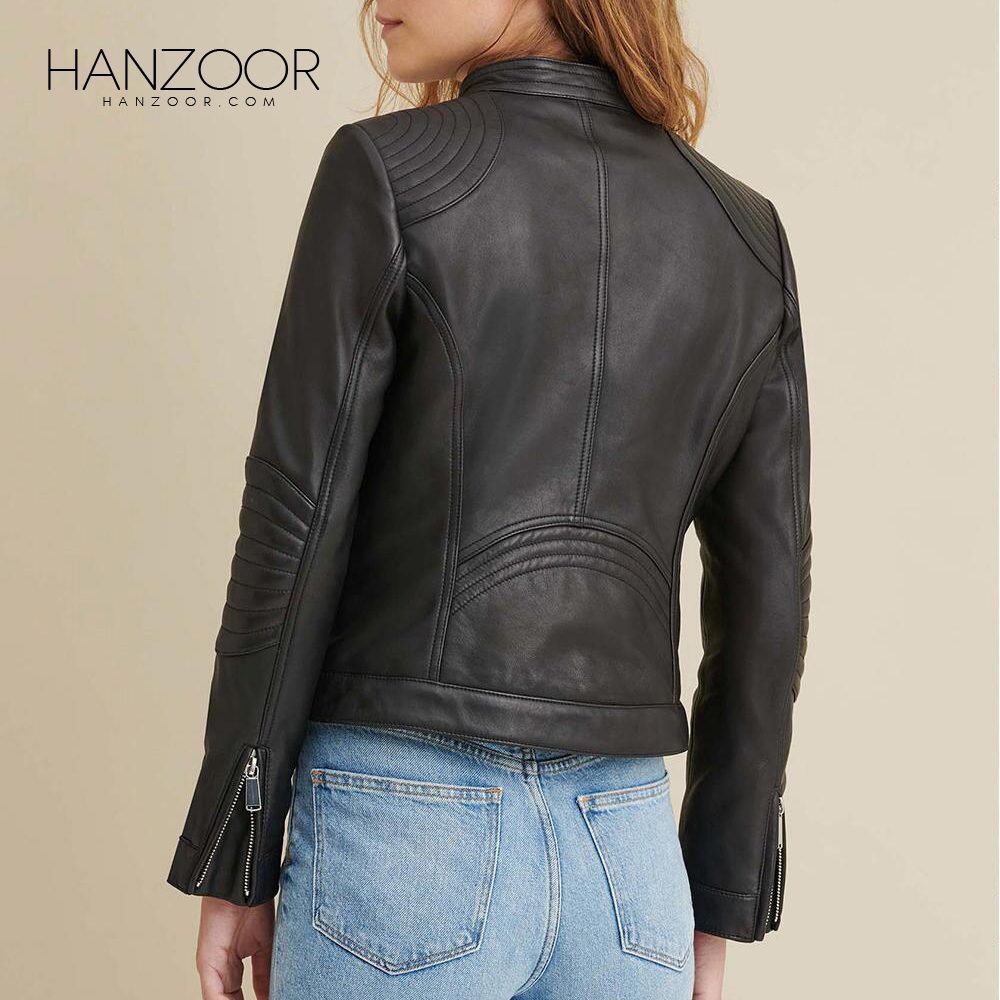 Women’s Black Leather Jacket with Quilted Shoulder