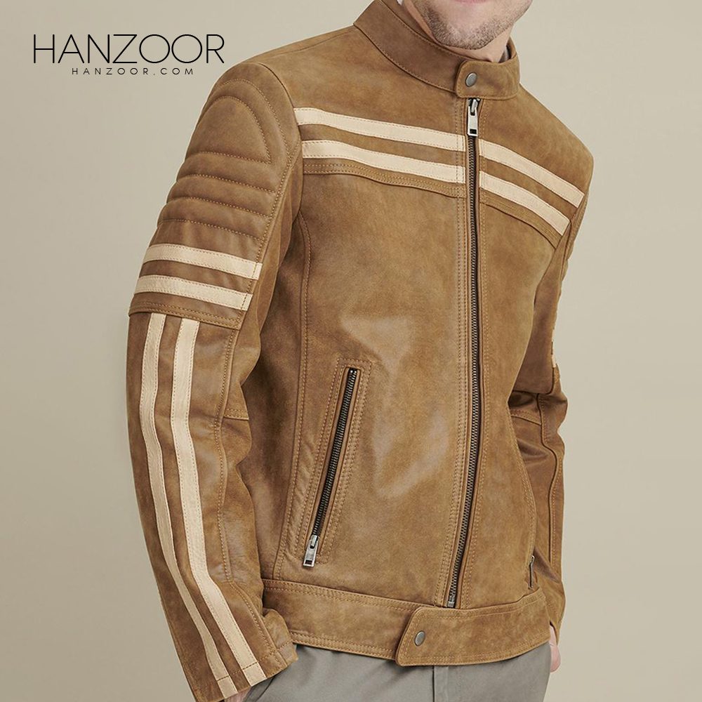 Men’s Tan Moto Jacket with Chest Stripe