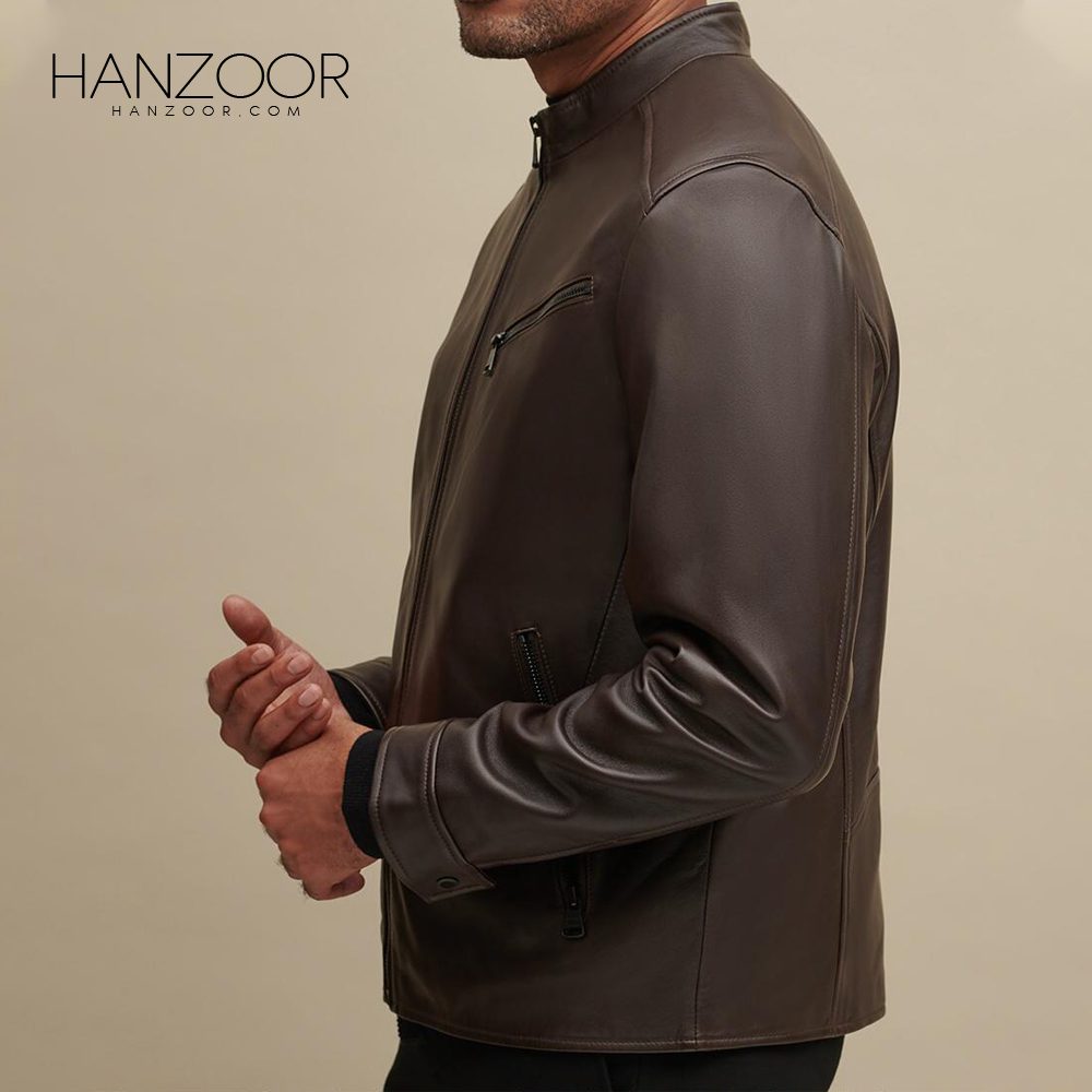 Men’s Brown Leather Jacket with Zipper Pockets