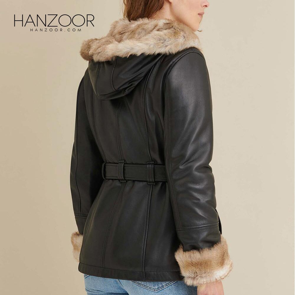 Women’s Belted Style Black Hood Leather Jacket