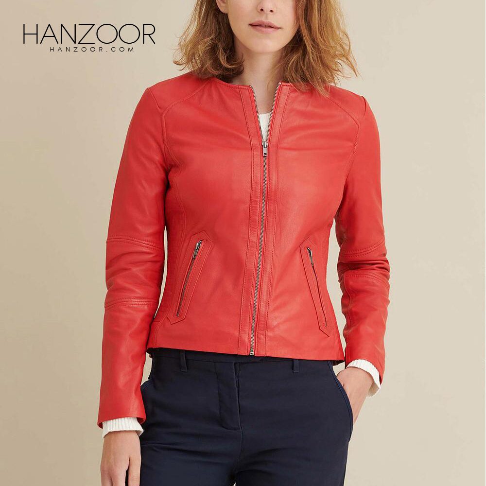 Women’s Red Leather Jacket with Side Stitching