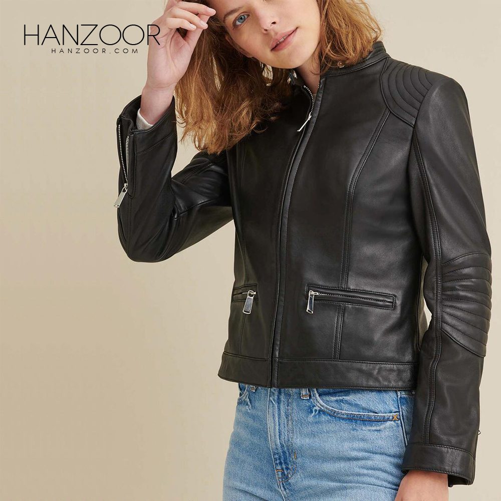 Women’s Black Leather Jacket with Quilted Shoulder