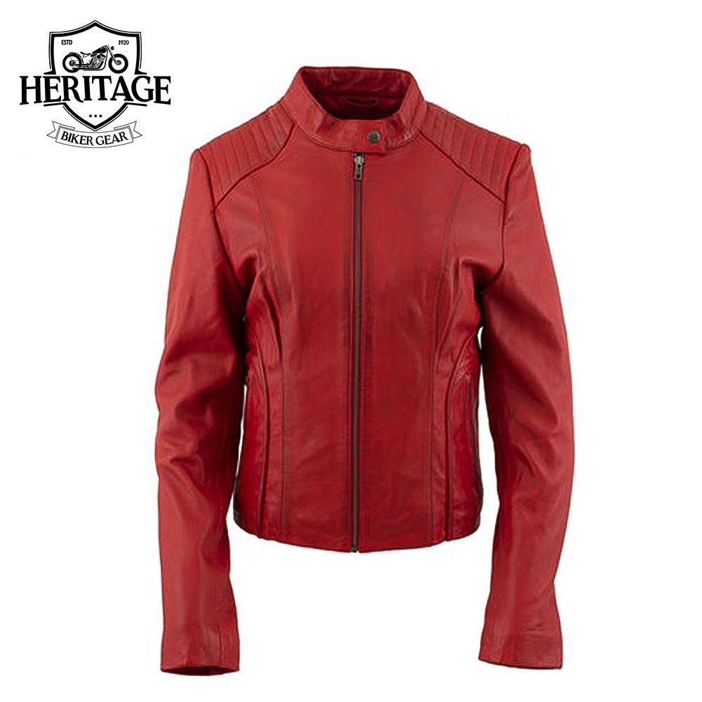 Ladies Scuba-Style Red Motorcycle Leather Jacket