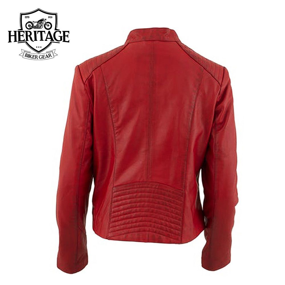 Ladies Scuba-Style Red Motorcycle Leather Jacket