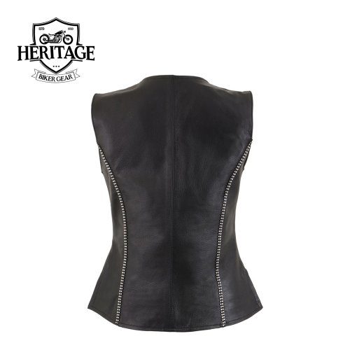 Women's Leather V-Neck Zipper Vest with Rhinestone Bling Detail