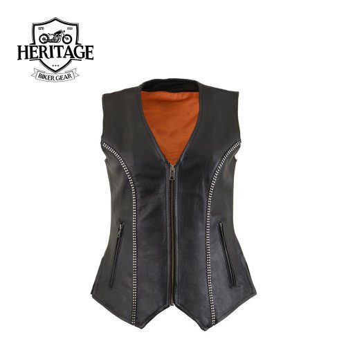 Women's Leather V-Neck Zipper Vest with Rhinestone Bling Detail