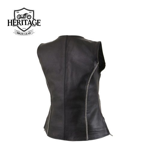 Women's Leather V-Neck Zipper Vest with Rhinestone Bling Detail