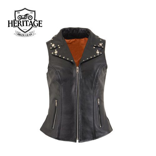 Women's Black Leather Vest with Riveted Lapel Collar