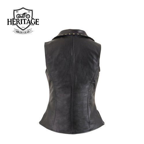 Women's Black Leather Vest with Riveted Lapel Collar