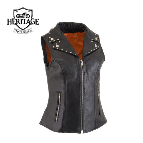 Women's Black Leather Vest with Riveted Lapel Collar