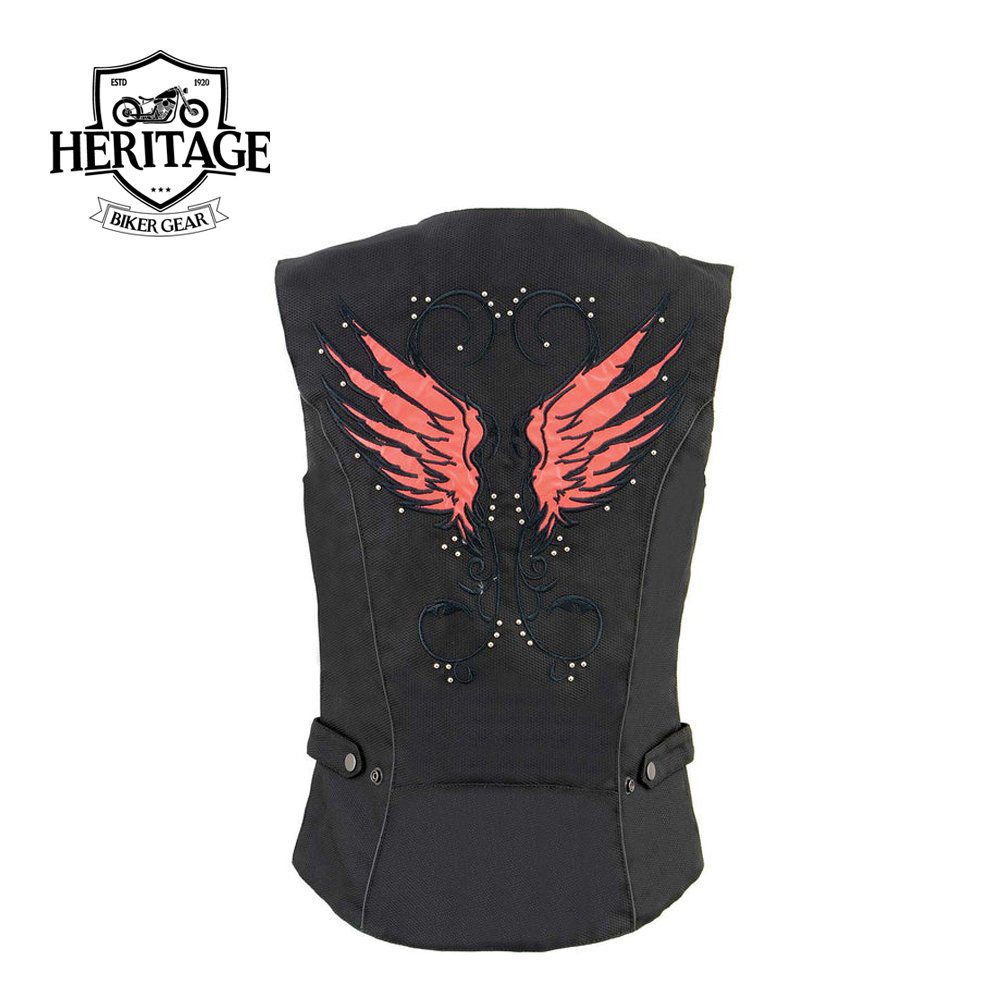 Ladies Leather Black and Red Textile Vest with Wing Embroidery