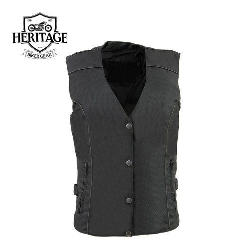 Ladies Leather Black and Red Textile Vest with Wing Embroidery