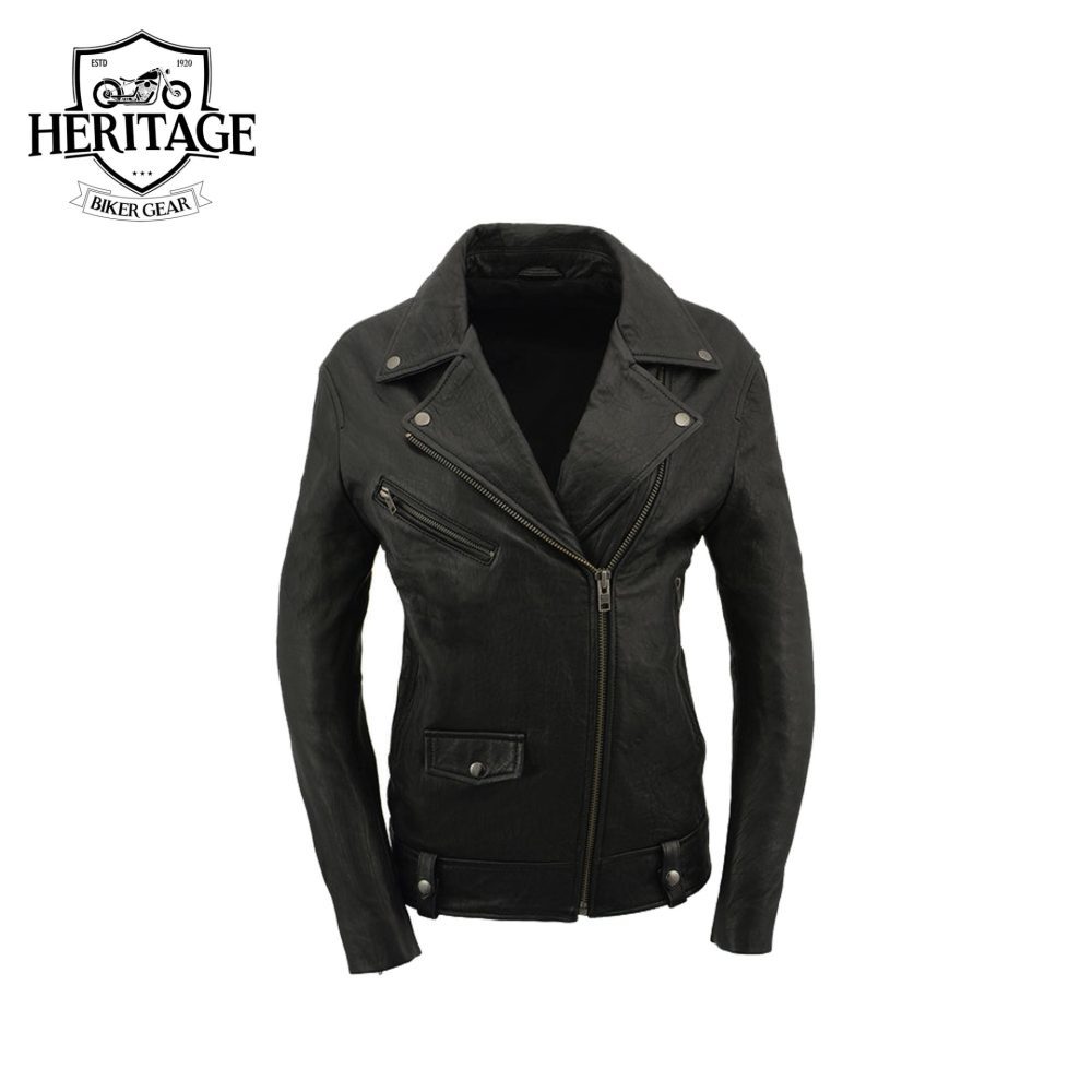 Heritage Ladies Black Leather Lambskin Moto Jacket