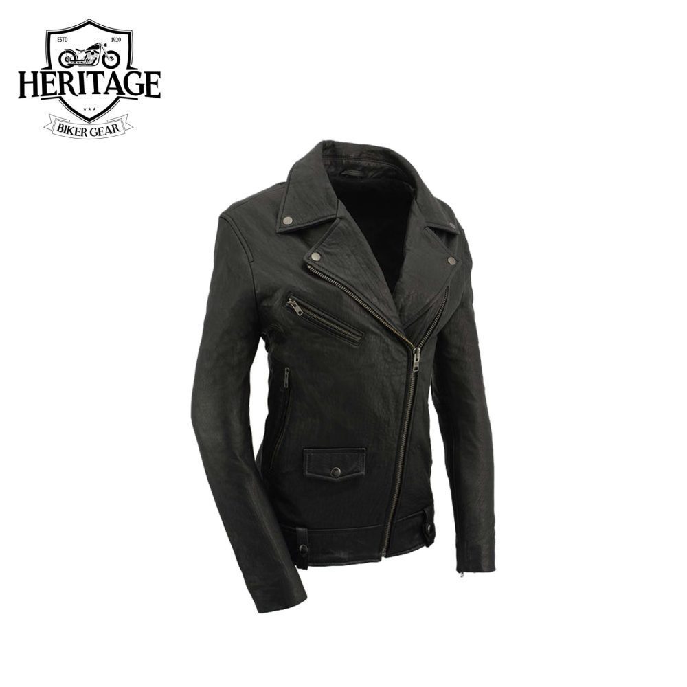 Heritage Ladies Black Leather Lambskin Moto Jacket