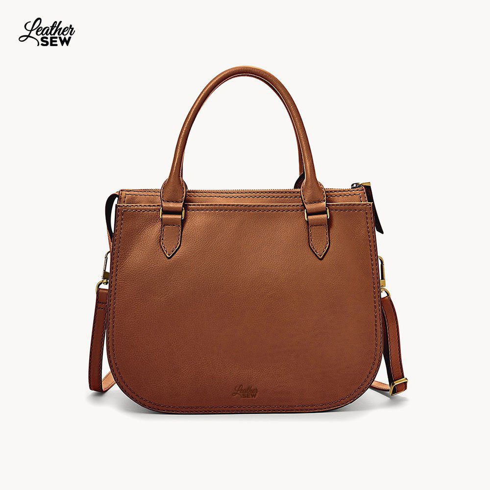 Classic Brown Leather Satchel with Gold Accent By Leather Sew