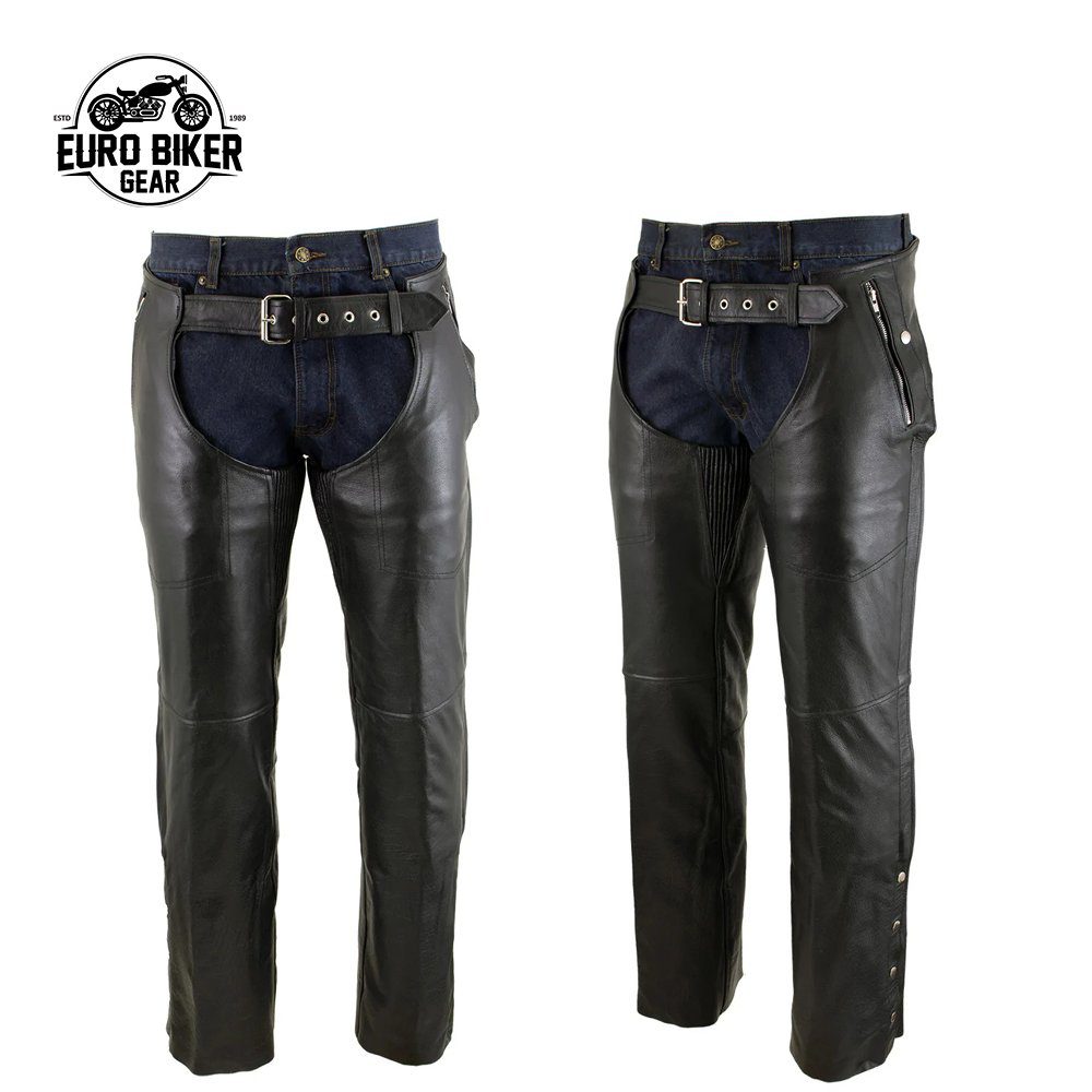 Men's Custom Black Leather Chaps with Removable Insulating Liner