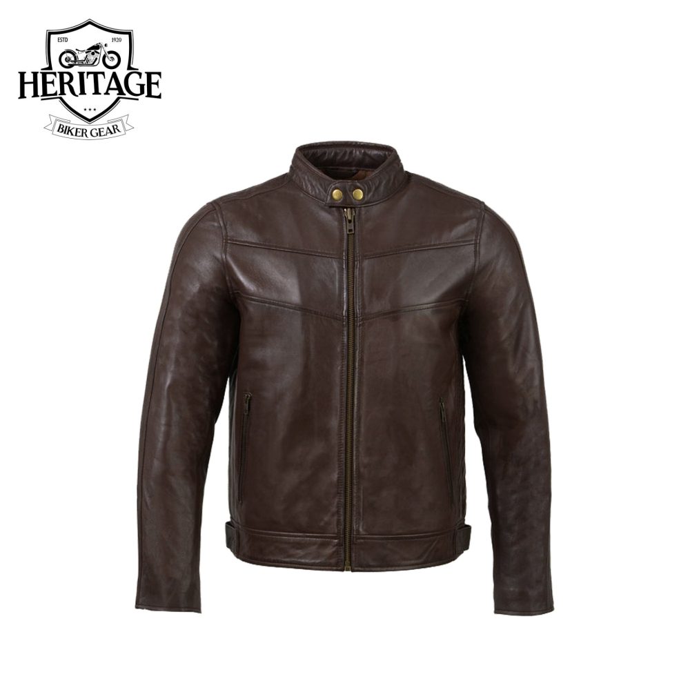 Men's Brown ‘Café Racer’ Leather Jacket with Snap Button Collar