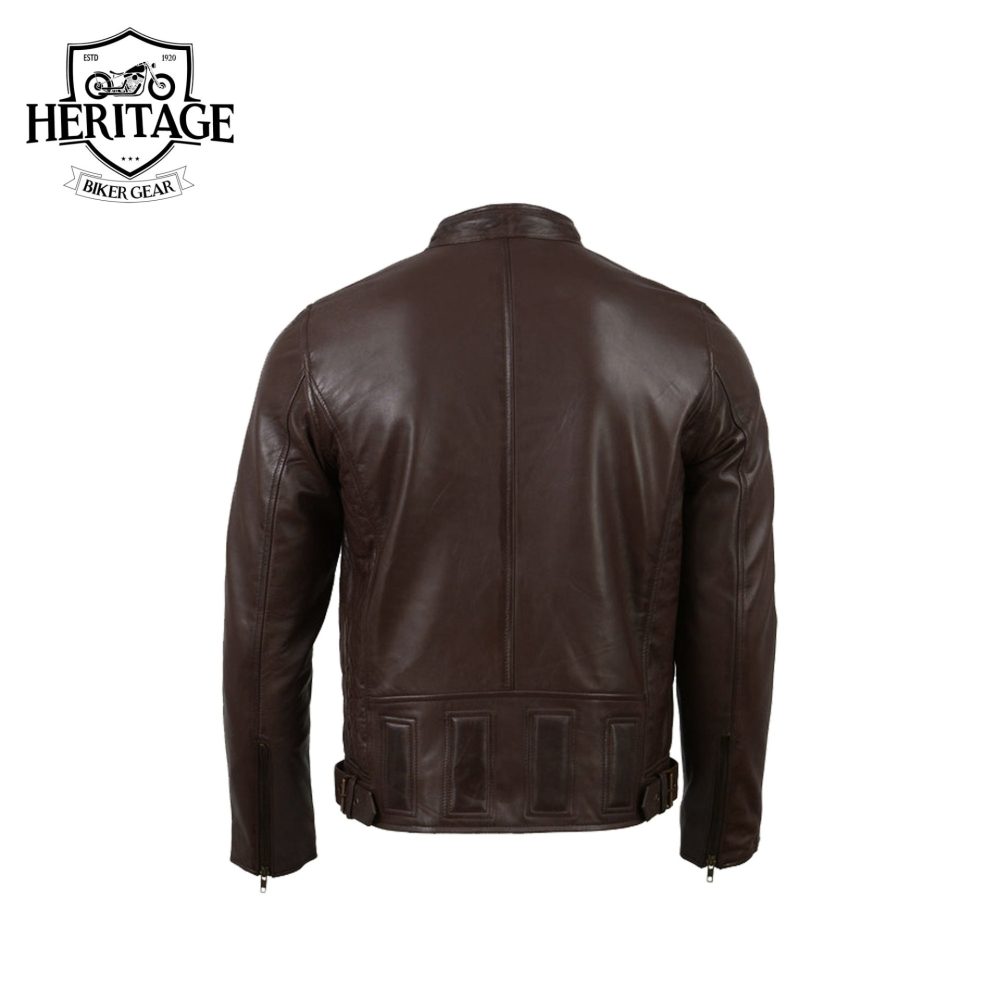 Men's Brown ‘Café Racer’ Leather Jacket with Snap Button Collar