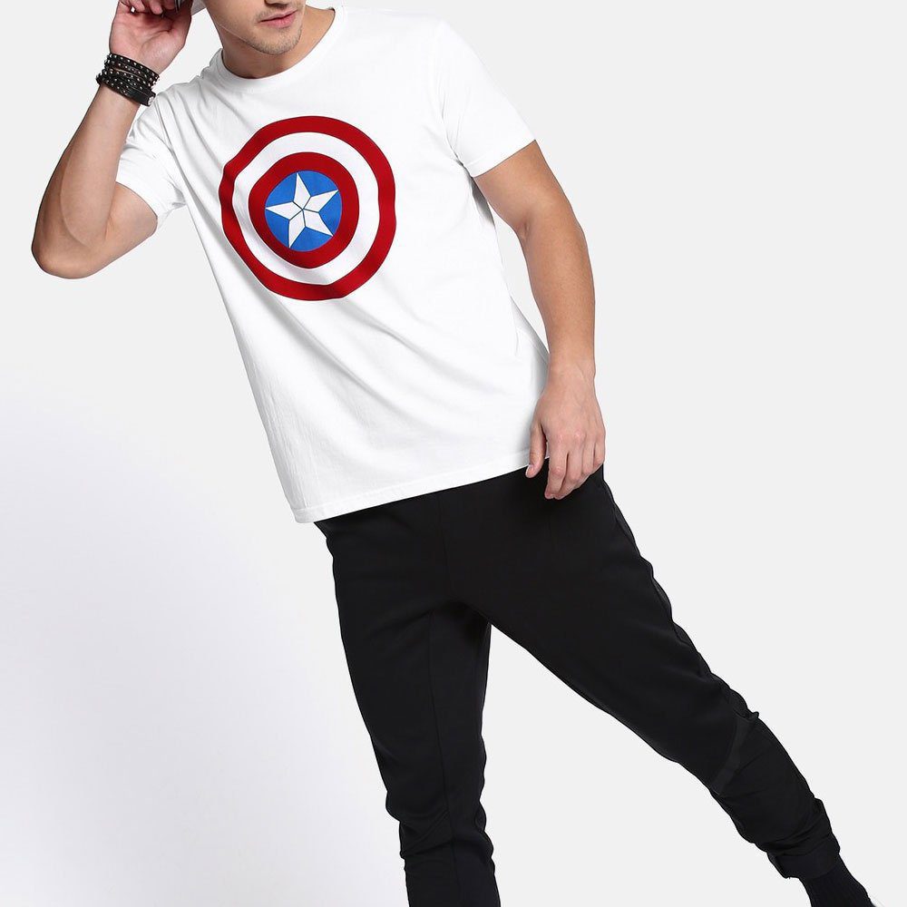 Captain America Outline Printed Round Neck Cotton T-shirt