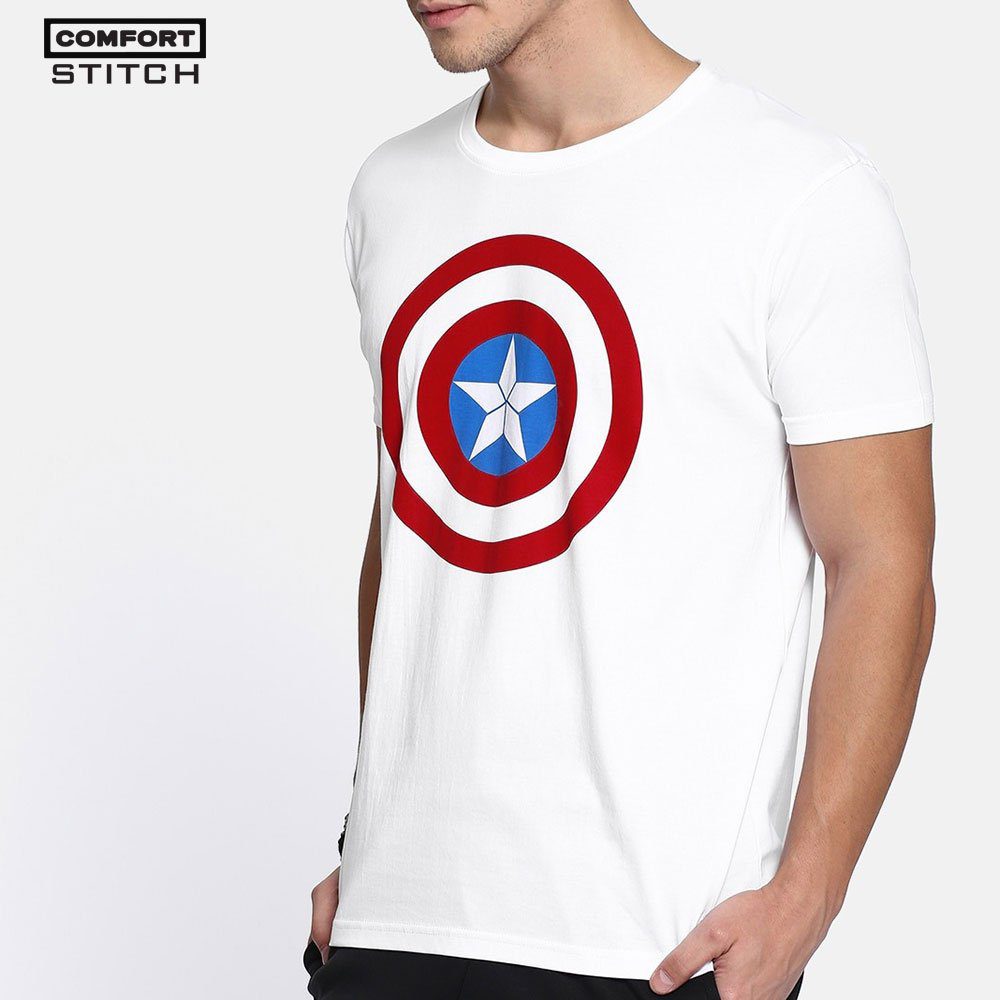 Captain America Outline Printed Round Neck Cotton T-shirt