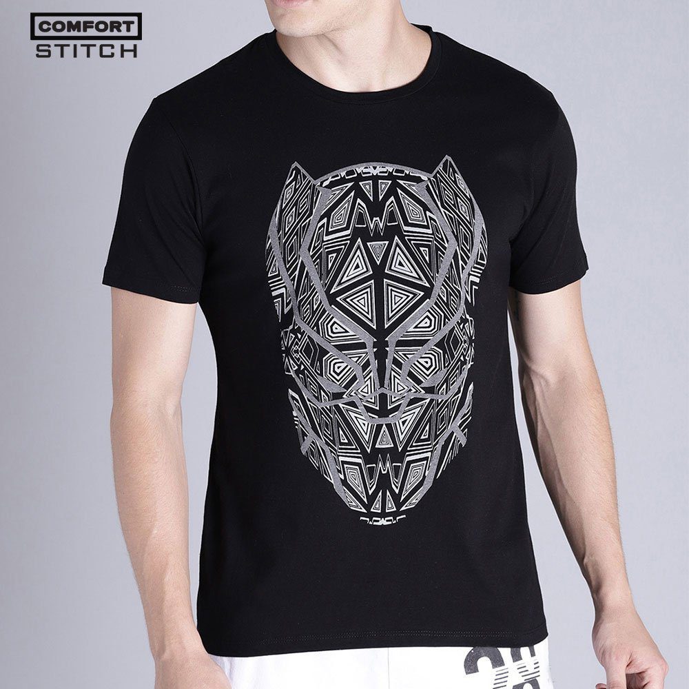 Men Black Panther Printed Round Neck T-shirt