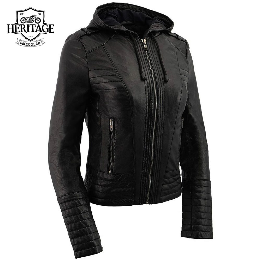 Women's Black Scuba Style Motorcycle & Fashion Leather Jacket with Hoodie