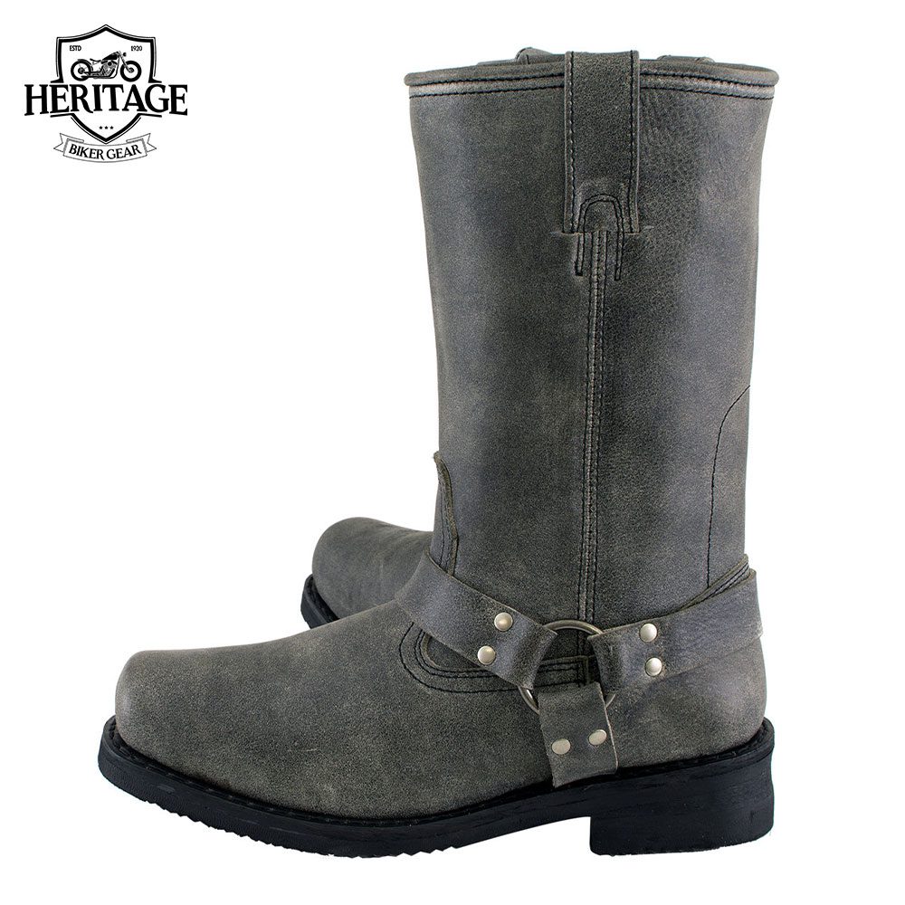 Men's Classic Stone Wash Grey Motorcycle Boots Leather