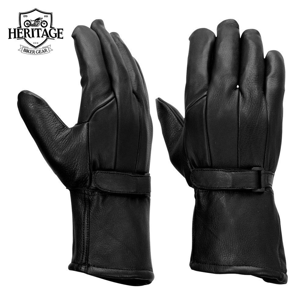 Men's Gauntlet Motorcycle Hand Gloves Deerskin Adjustable Wrist Strap