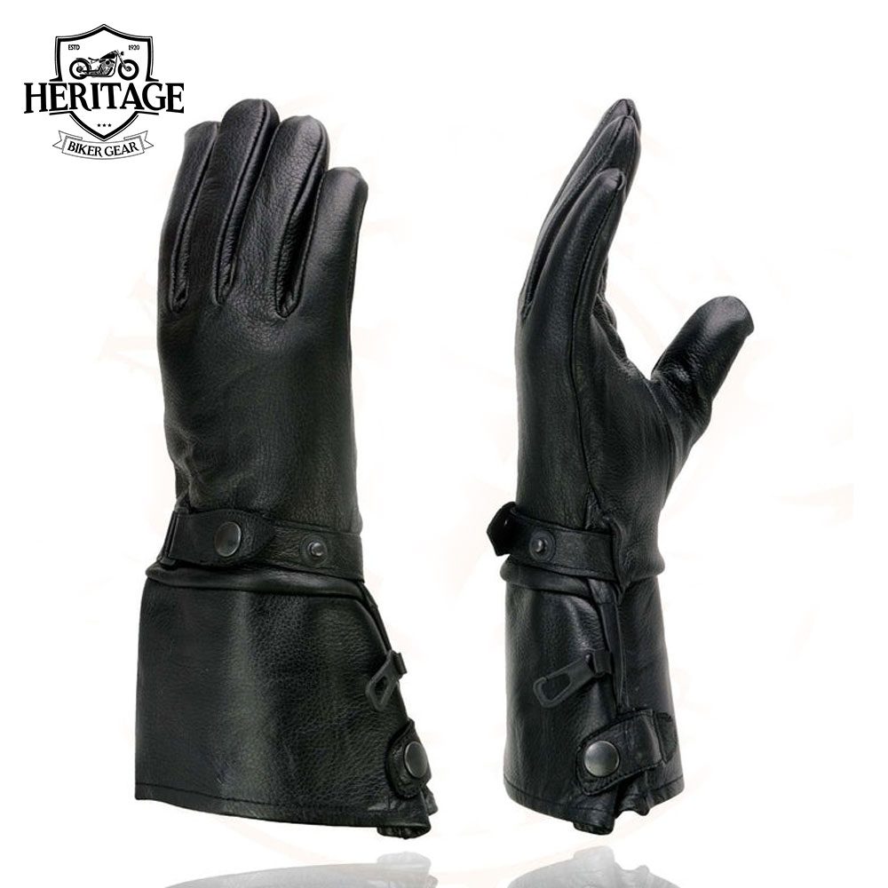 Men's Gauntlet Motorcycle Hand Gloves-Black Leather Long Cuff Snap Closure Thermal Lined