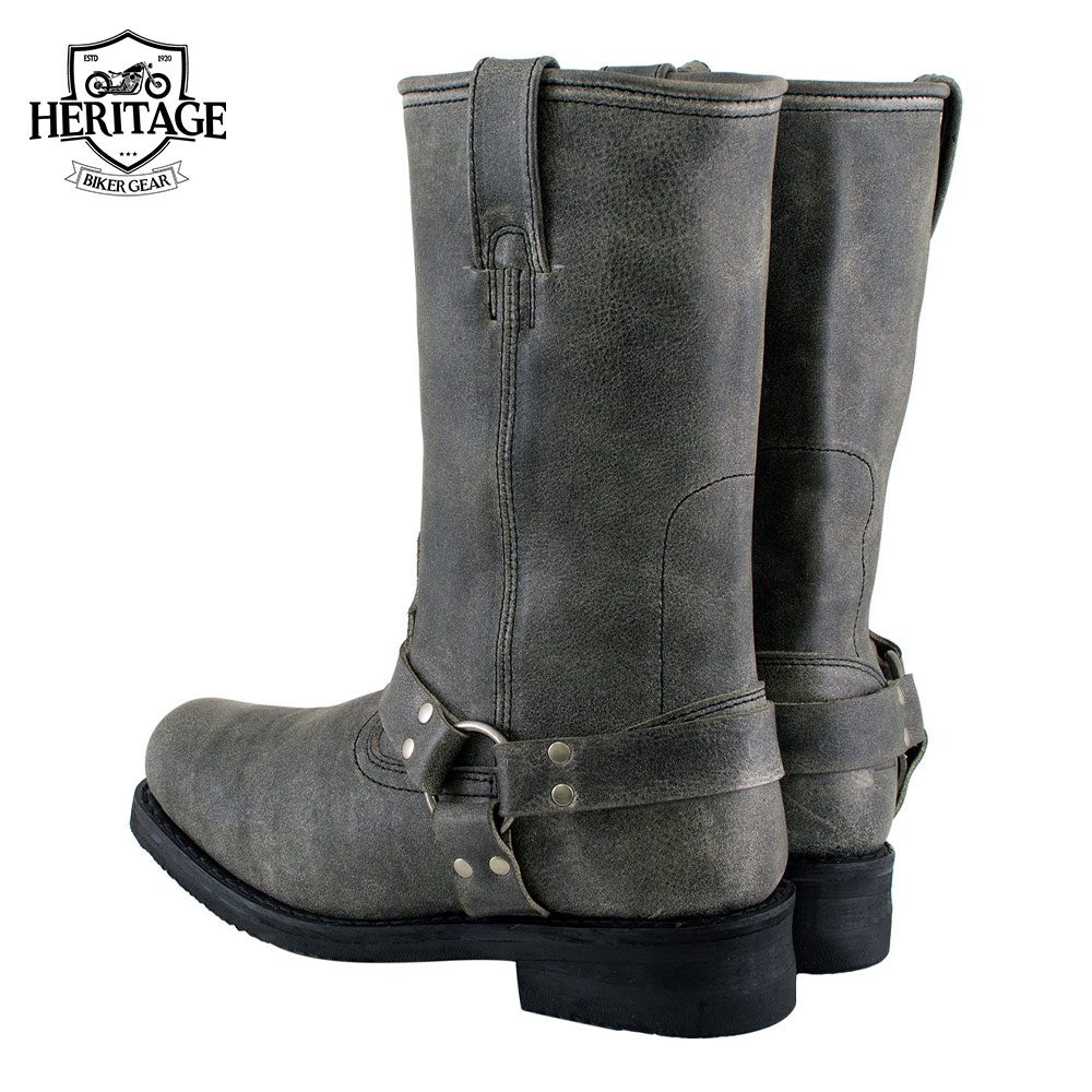 Men's Classic Stone Wash Grey Motorcycle Boots Leather