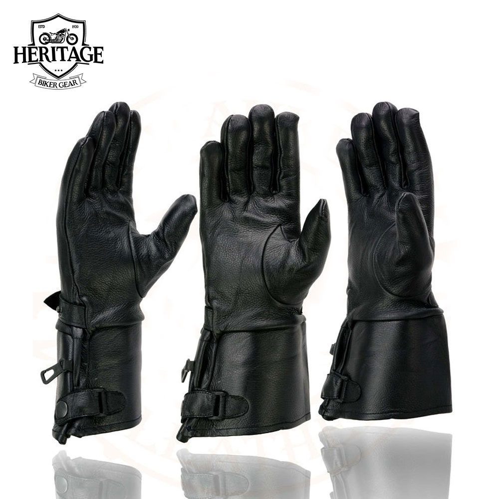 Heritage Men’s Black Leather Gauntlet Motorcycle Hand Gloves