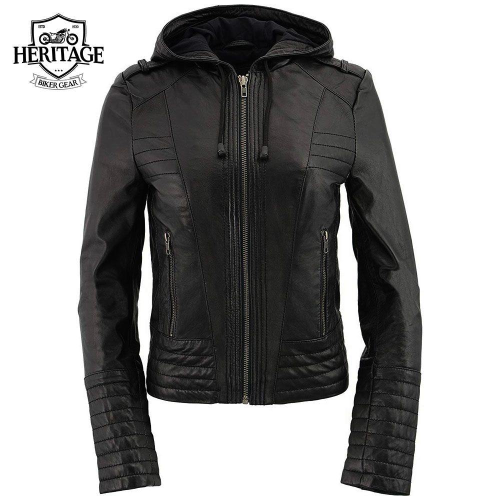 Women's Black Motorcycle Fashion Leather Jacket With Hoodie